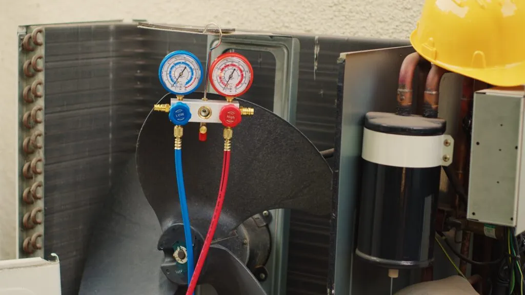 Defrost Cycle: HVAC system gauges testing pressure. Yellow hardhat shows safety. Understanding system maintenance and repair | Accurate Air