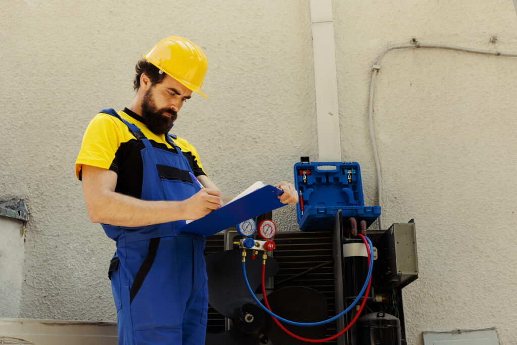 HVAC technician in yellow hard hat inspecting air conditioning unit and filling out maintenance checklist.