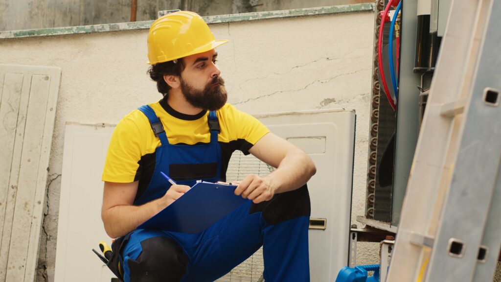HVAC technician in yellow hard hat and blue overalls inspecting air conditioning unit and taking notes outdoors.