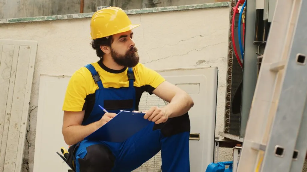 Licensed Residential HVAC Contractor inspecting AC unit with clipboard and pen. Technician in hard hat taking notes | Accurate Air