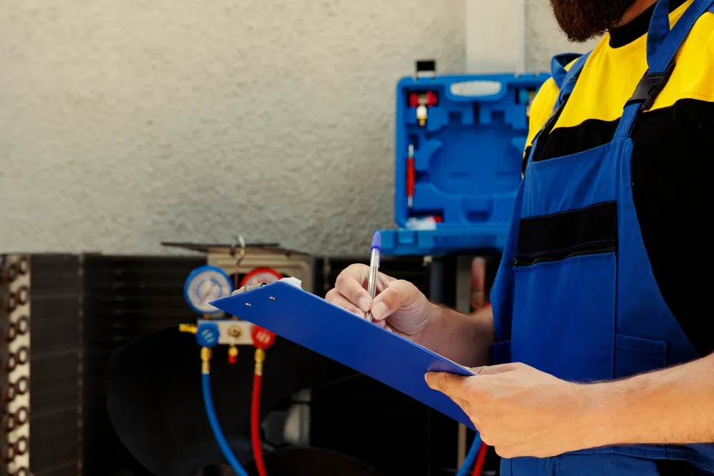HVAC technician in blue overalls reviewing maintenance checklist next to air conditioning unit with gauges and tools, emphasizing the importance of regular HVAC maintenance.