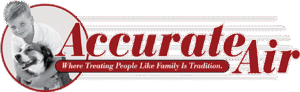 Accurate Air logo featuring a boy holding a dog, emphasizing family-oriented service in air conditioning.