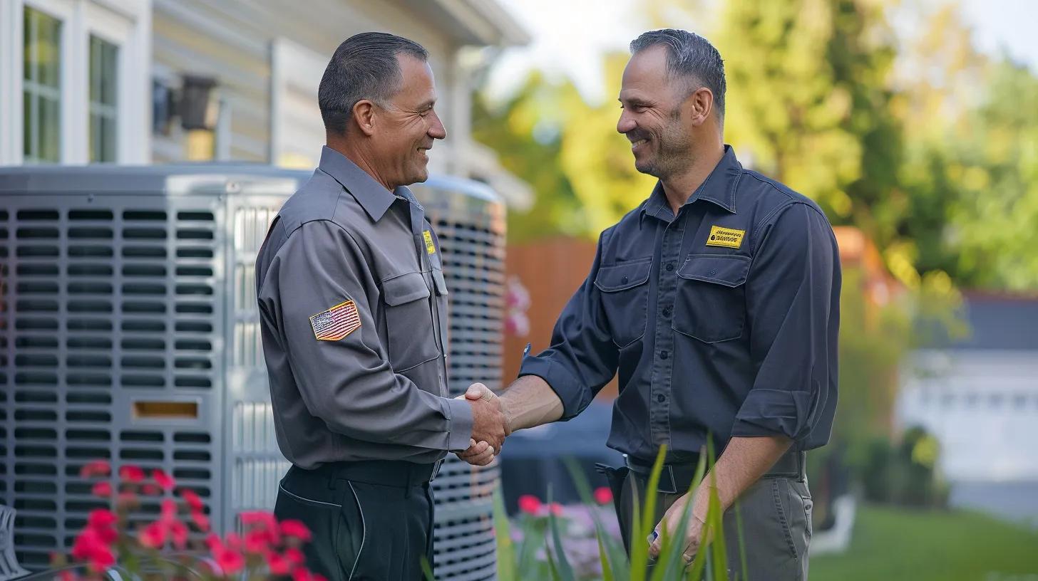 A friendly technician in a uniform shaking hands with a homeowner in front of an air conditioner unit