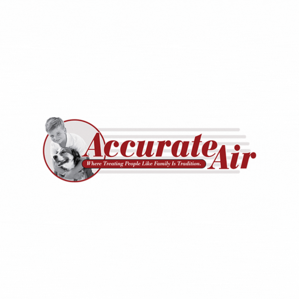 Accurate Air logo featuring a man with a dog, emphasizing family-oriented HVAC services and the motto "Where Treating People Like Family Is Tradition."