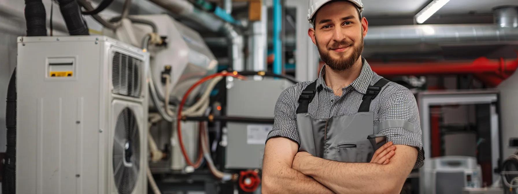 HVAC technician smiling confidently in a service area, surrounded by equipment, emphasizing expertise in heating and cooling solutions for homeowners in Tempe.