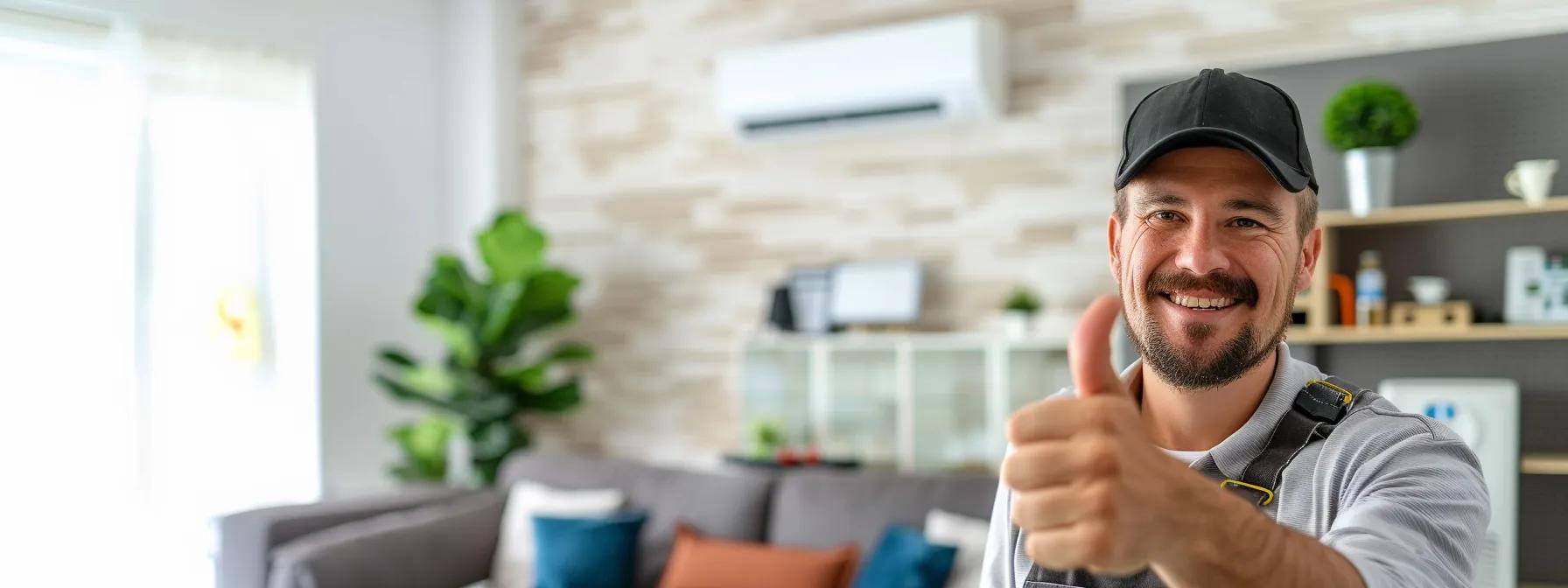 A cheerful technician giving a thumbs-up in front of a newly repaired air conditioner, with cool air visibly flowing into a bright living room. The homeowner smiles in the background, relieved and satisfied with the quick service.