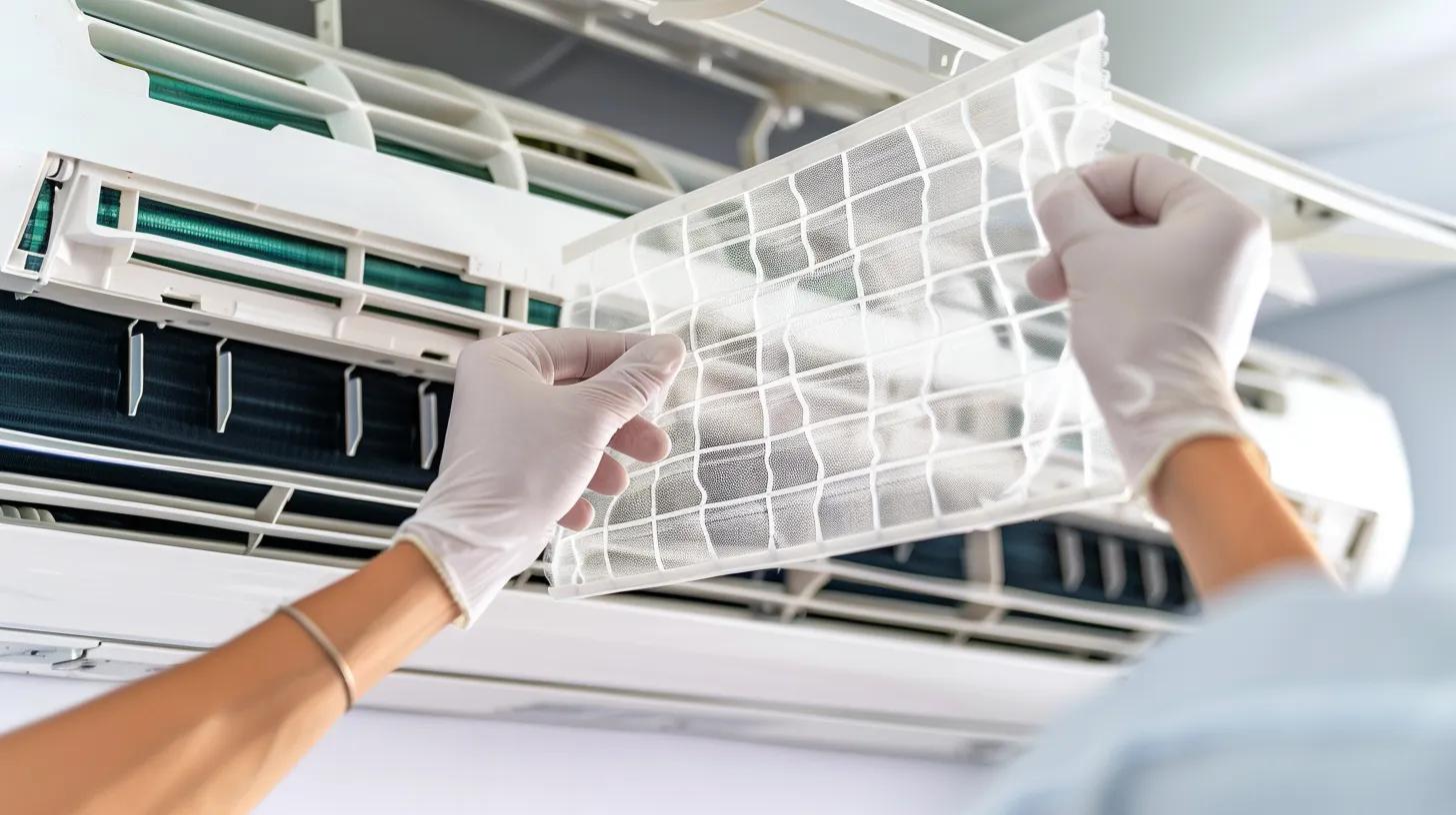 A clean air conditioner filter being installed, with a bright, well-maintained AC unit in the background