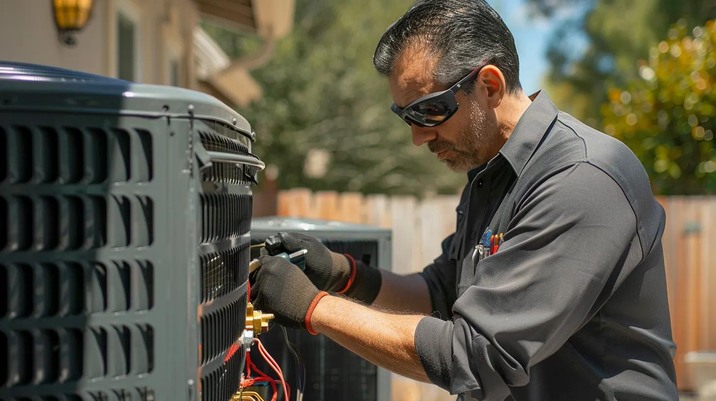 HVAC expert working on an air conditioner in a sunny residential setting.