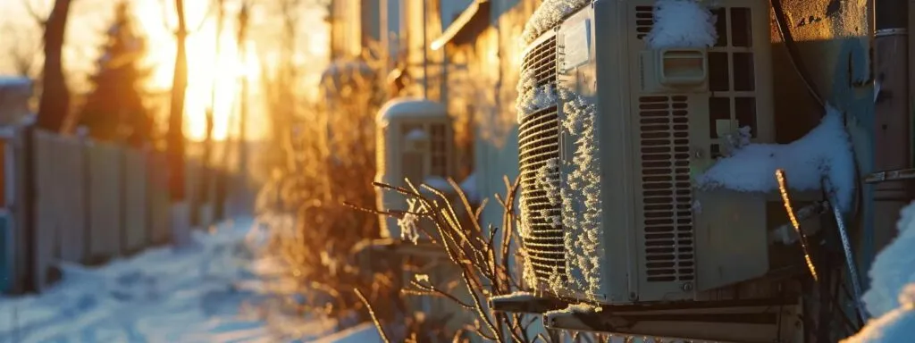 Outdoor HVAC units covered in snow during winter sunset, highlighting the importance of heating system maintenance for Scottsdale's cold nights.