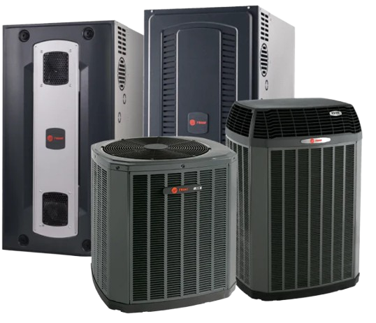 Trane outdoor heat pump units with their indoor units.