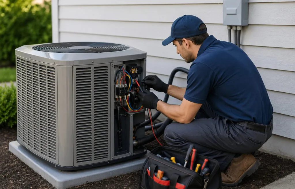 HVAC technician performing maintenance on an air conditioning unit, emphasizing the importance of regular servicing for efficient cooling in Tempe, AZ.