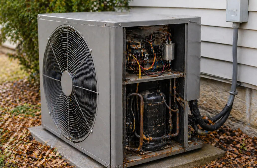 Heat pump unit outdoors, showcasing exposed components and wiring, relevant to HVAC maintenance and repair myths in Mesa, AZ.