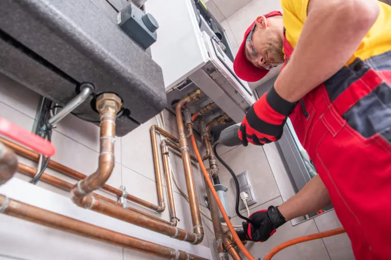 A heating technician working on copper pipework and a wall-mounted gas unit.