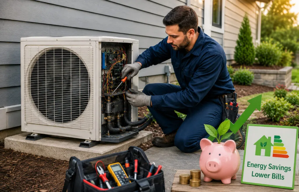 Technician repairing a heat pump outdoors, tools and equipment nearby, piggy bank symbolizing energy savings and lower bills, emphasizing HVAC efficiency in Mesa.
