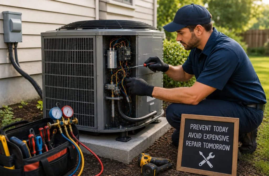 Air Conditioner Repair in Tempe, AZ by a technician performing maintenance to prevent common AC problems and clean ducts. | Accurate Air