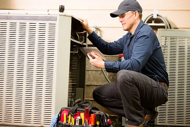 Accurate Air technician inspecting air conditioning system with tablet, Scottsdale AC repair service.