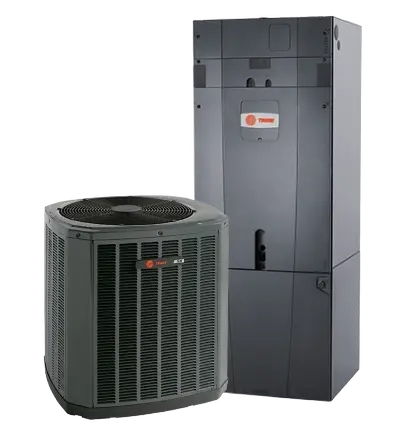 A Trane heat pump beside its matched indoor air handler.