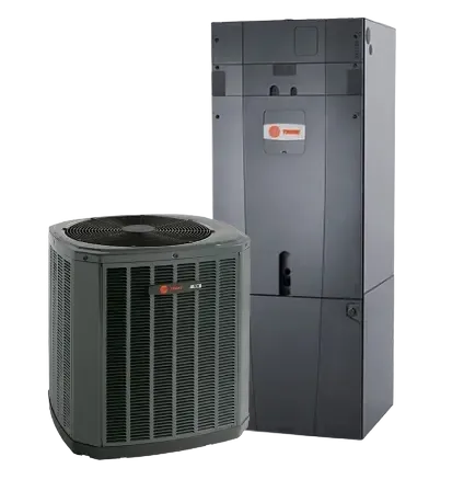 A Trane heat pump beside its matched indoor air handler.