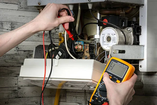 HVAC technician using multimeter to diagnose heating system, reliable Gilbert repairs.