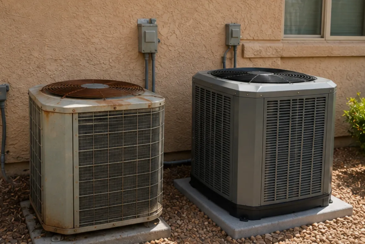 An old rusted air conditioner beside a new modern AC unit at a residential Tempe home for system replacement | Accurate Air