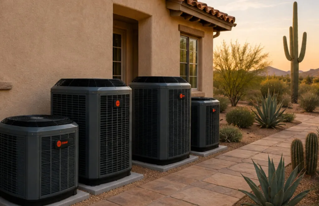 Air conditioning condensers installed along the side of a Tempe home at dusk.